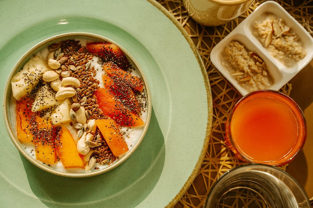 A Healthy Breakfast Bowl with Fruit and Nuts